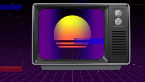 viejo poste de televisión que muestra un disco naranja contra un fondo espacial con la animación de crepitación de la televisión en el