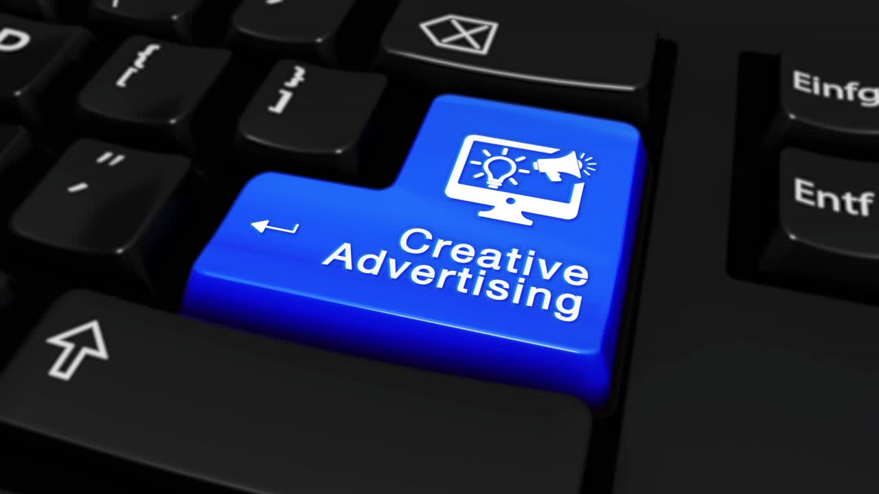 114 creative advertising round motion on blue enter button on modern computer keyboard with text and