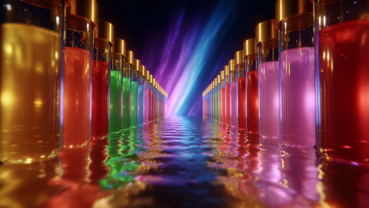 A Mesmerizing Display of Colorful Liquid Bottles Reflecting Light in a Vibrant Aurora Environment, Creating a Surreal, Magical Atmosphere Along a Shimmering Water Surface