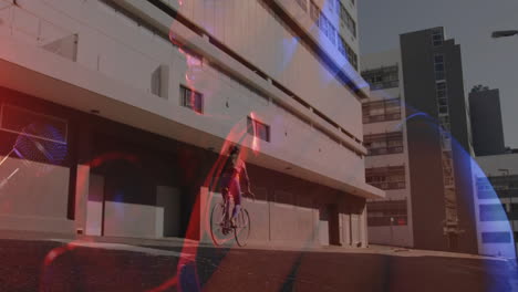 woman cyclist pedaling urban street, using light flares and mic overlay for tech marketing
