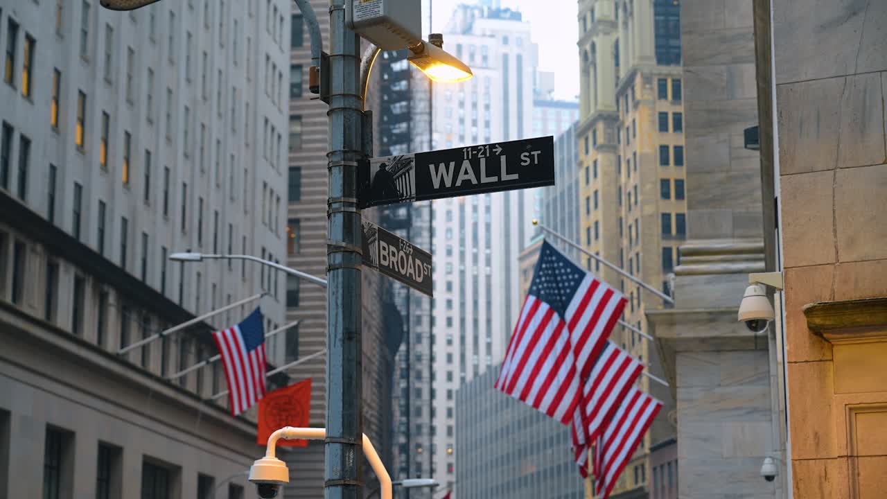 Wall Street og Broad Street skilte med amerikanske flag i NYC. Gadskilte ved Wall Street og Broad Street krydset med amerikanske flag og historiske bygninger i Manhattan NYC.