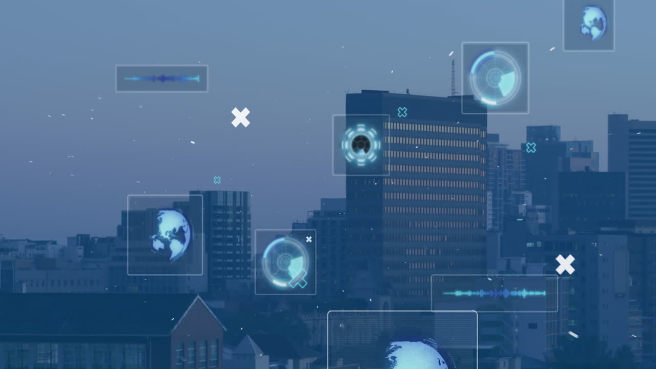 Animation of scopes scanning and data processing over cityscape