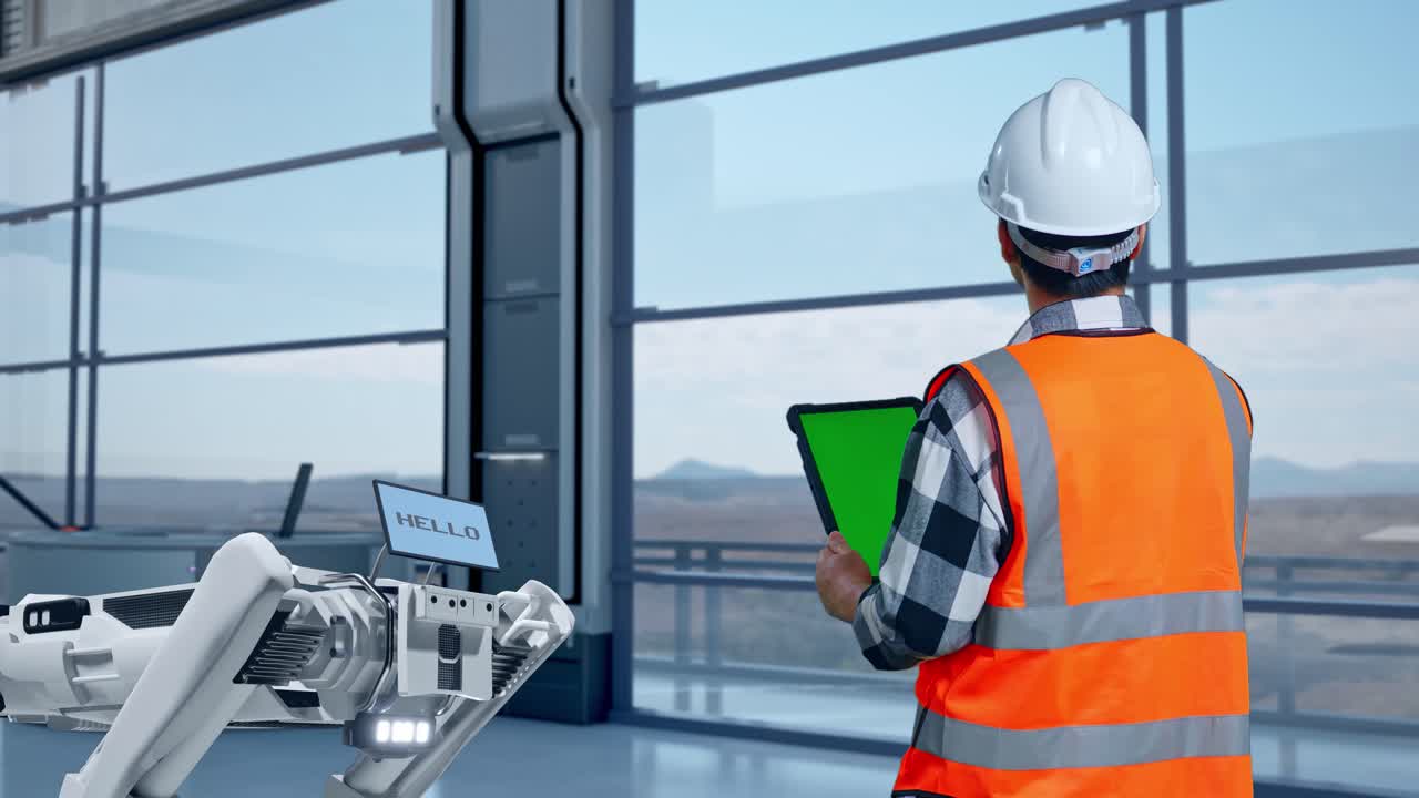 vista trasera de un ingeniero masculino asiático con casco de seguridad usando una tableta de pantalla verde mirando a su alrededor en una fábrica de alta tecnología