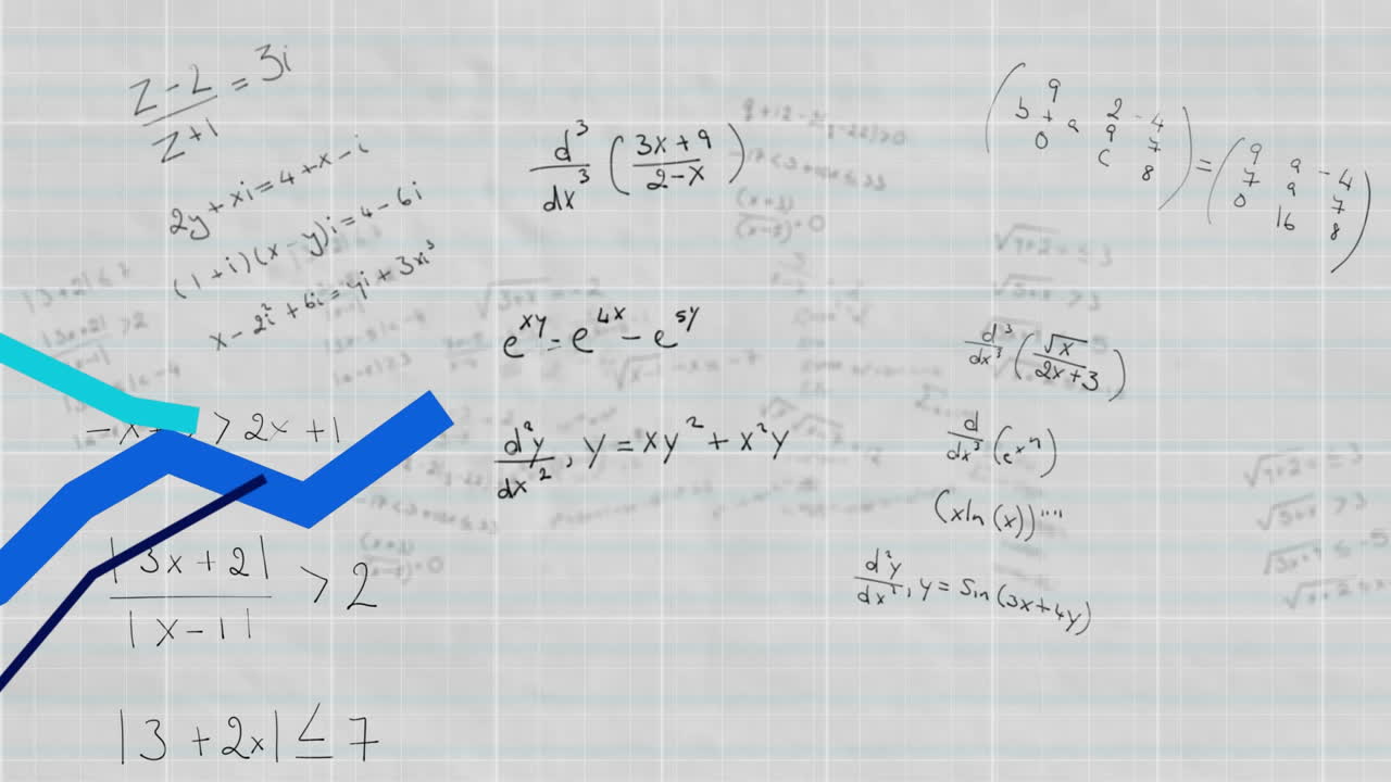 gráficos multicolores que se mueven contra ecuaciones matemáticas en papel de línea blanca