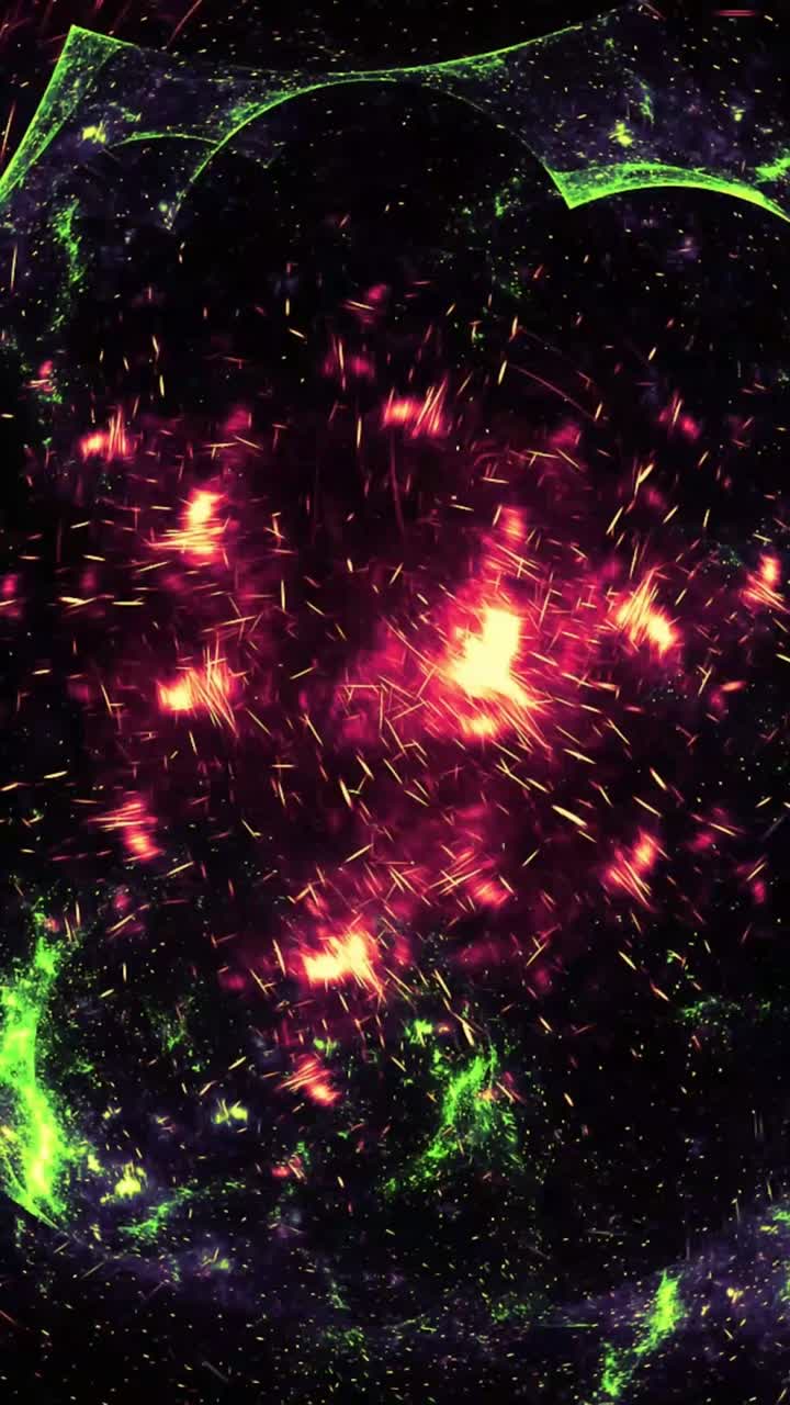 Particelle astratte luminose e forme frattali verdi che si muovono nello spazio scuro.