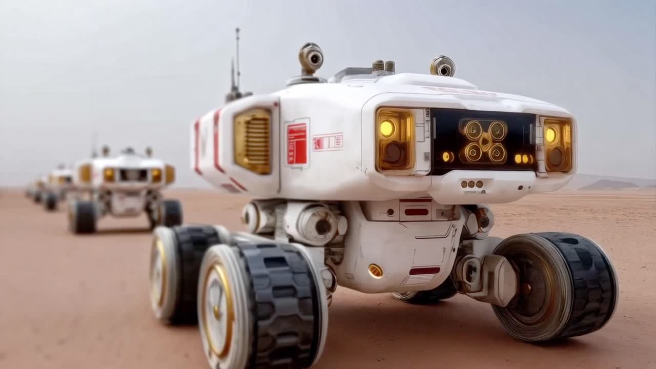 A fleet of futuristic Mars rovers exploring a desert landscape