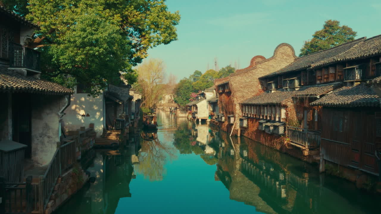 A peaceful waterway with traditional Chinese architecture in Wuzhen, China