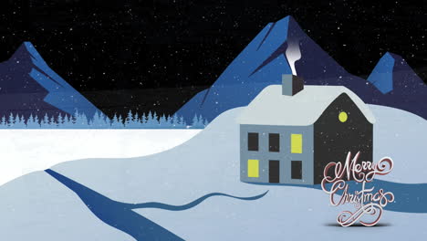 animation of merry christmas text over winter scenery with decorated house