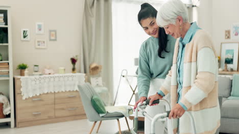 woman, nurse and walker in elderly care