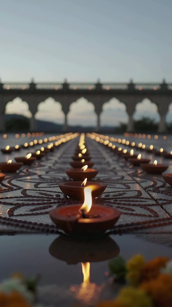 Vertical video: Pulling back revealing center row diyas flickering for ritual at courtyard