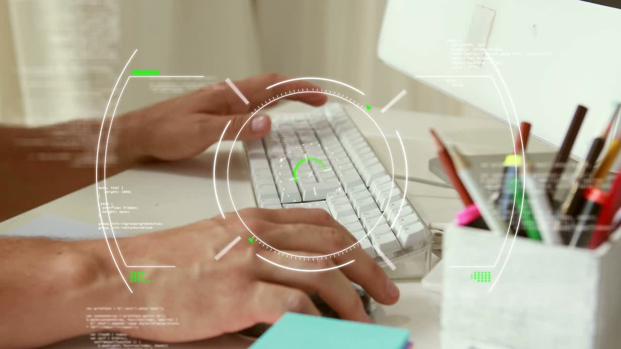 Hands landing on white keyboard and starting typing, HUD rotating over keyboard, composing work