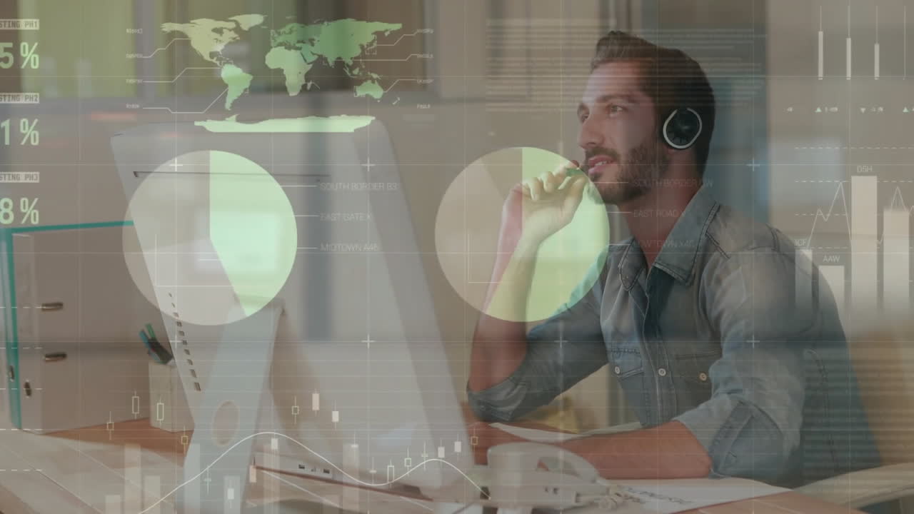 Animazione di elaborazione di dati finanziari su un uomo d'affari caucasico con auricolare telefonico.