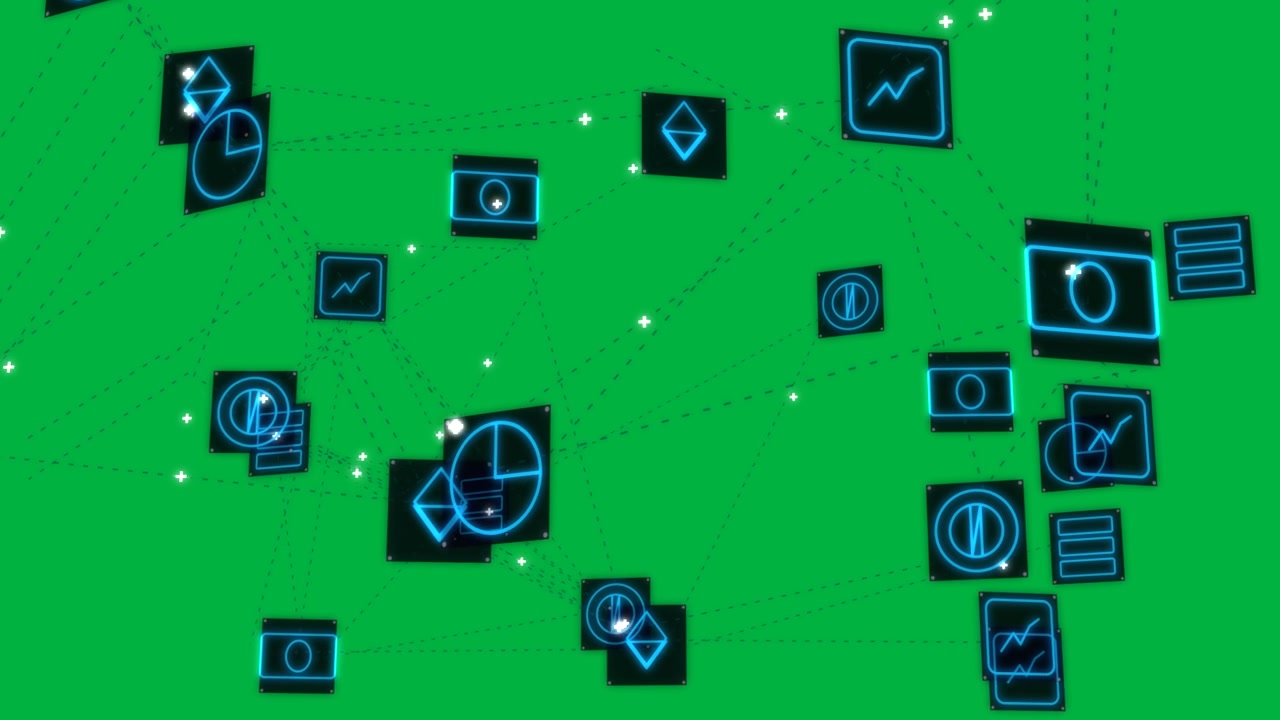 Punti bianchi che avviano una rete al neon, instradando flussi, icone pulsanti e mostrando il flusso su sfondo trasparente