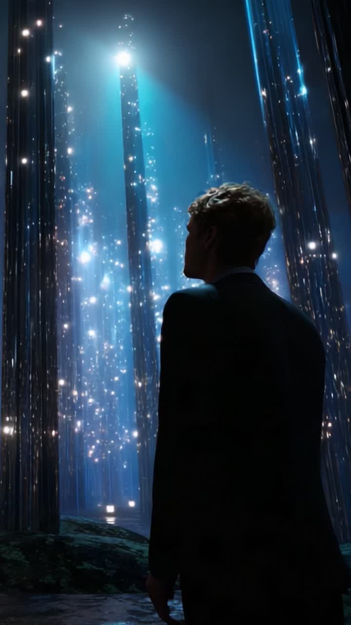 A Solitary Figure Stands in Awe of a Mystical Forest Shimmering with Light and Stars, Capturing the Essence of Transcendence and Wonder in a Dreamlike Environment