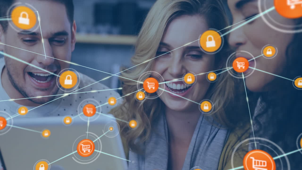 animación de la red de conexiones con iconos de carretilla sobre diversas personas de negocios con tableta