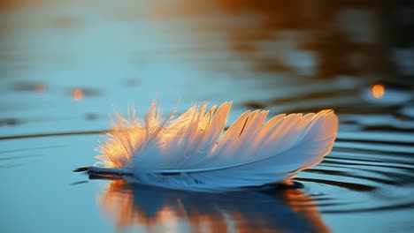 a feather on water at sunset