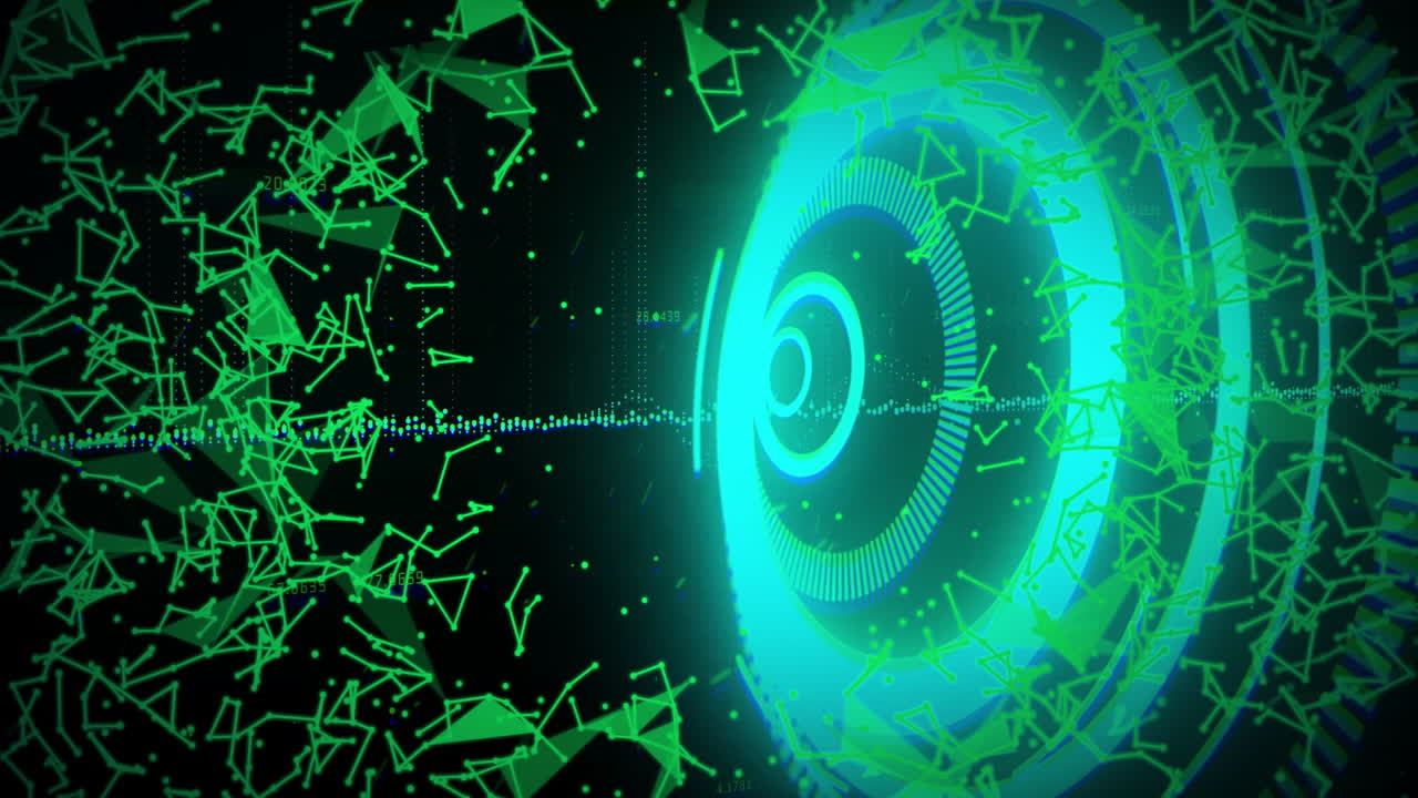 Green digital particles and circular interface animation over dark background