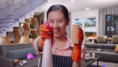 happy woman cleaning a messy house