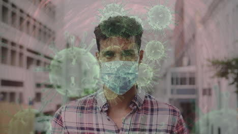 animación de células de covid-19 moviéndose sobre un hombre con una máscara facial