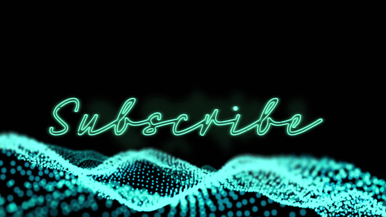 Animation of neon subscribe text over abstract waving mesh with blue spots