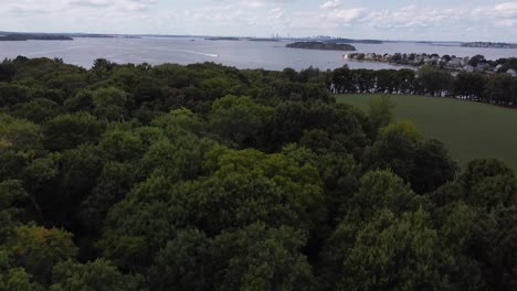 Gleiten-Sie-Tief-über-Bäume,-Um-Den-Hafen-Von-Boston-Und-Die-Skyline-Der-Stadt-Zu-Enthüllen