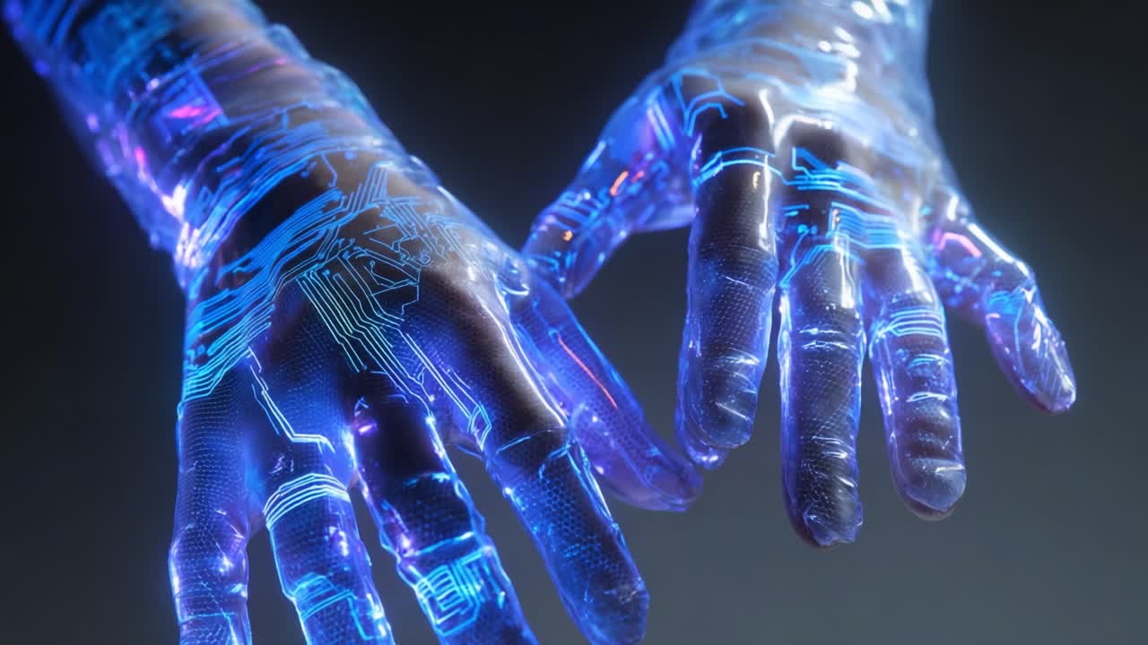 A stunning visual representation of futuristic hands showcasing intricate circuitry within a translucent, luminescent material, capturing the intersection of technology and human-like design, enveloping them in vibrant energy