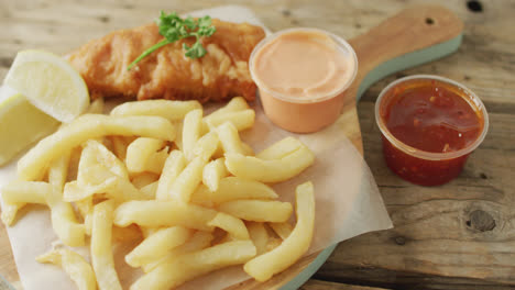 video of fish and chips on wooden board with dips, on wooden table