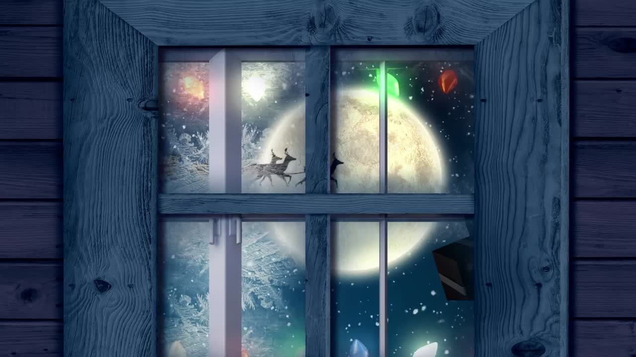 marco de ventana de madera sobre santa claus en trineo siendo tirado por renos contra el cielo nocturno