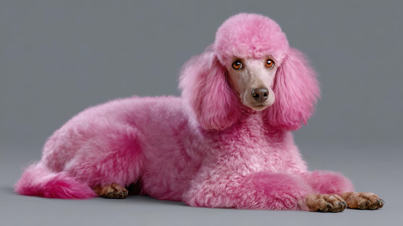 En smukt plejet, lyserød puddel poserer elegant mod en grå baggrund, der fanger dens unikke farve og smarte stil i begge frames i videosekvensen