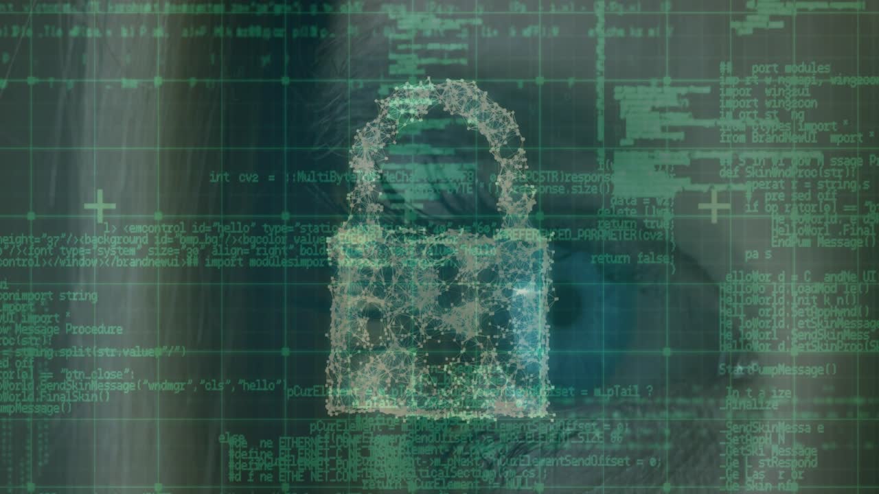 Animazione di cloud digitale, lucchetto di sicurezza online ed elaborazione dati