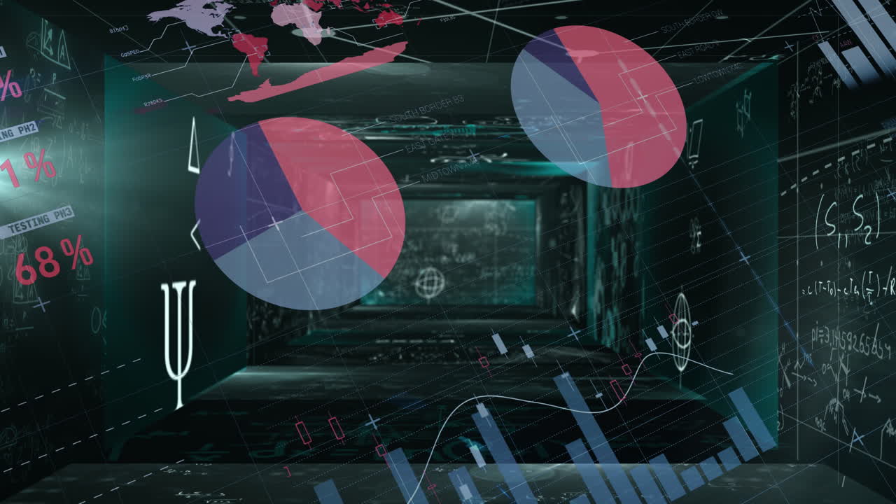 ecuaciones matemáticas flotantes contra el procesamiento de datos estadísticos contra un fondo negro