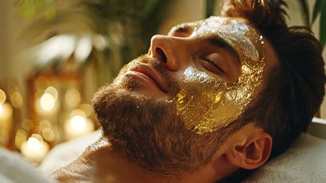 man receiving a relaxing gold facial mask treatment at a spa