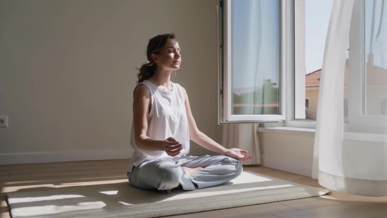 Donna che respira seduta a gambe incrociate su un tappetino vicino a una finestra aperta, con la brezza che muove la tenda, meditando.