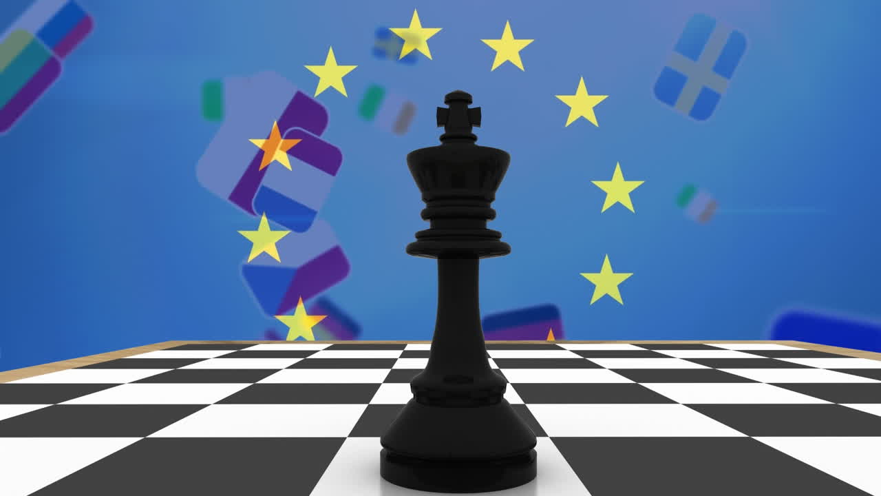 Animaatio kuninkaasta shakkilaudalla useiden maiden lippujen kanssa Euroopan unionin lipun yllä