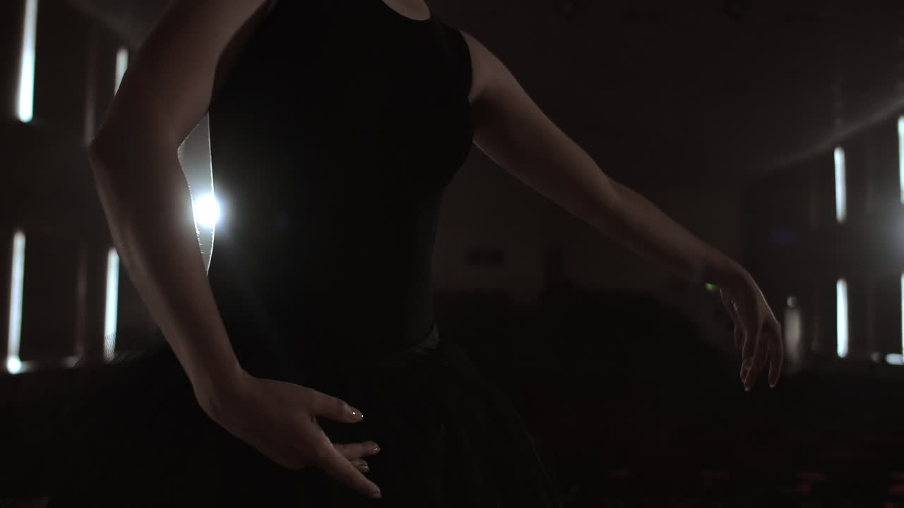 Prima ballet company in a dark dress on a dark theater stage rehearsing in the smoke performs dance moves in slow motion.