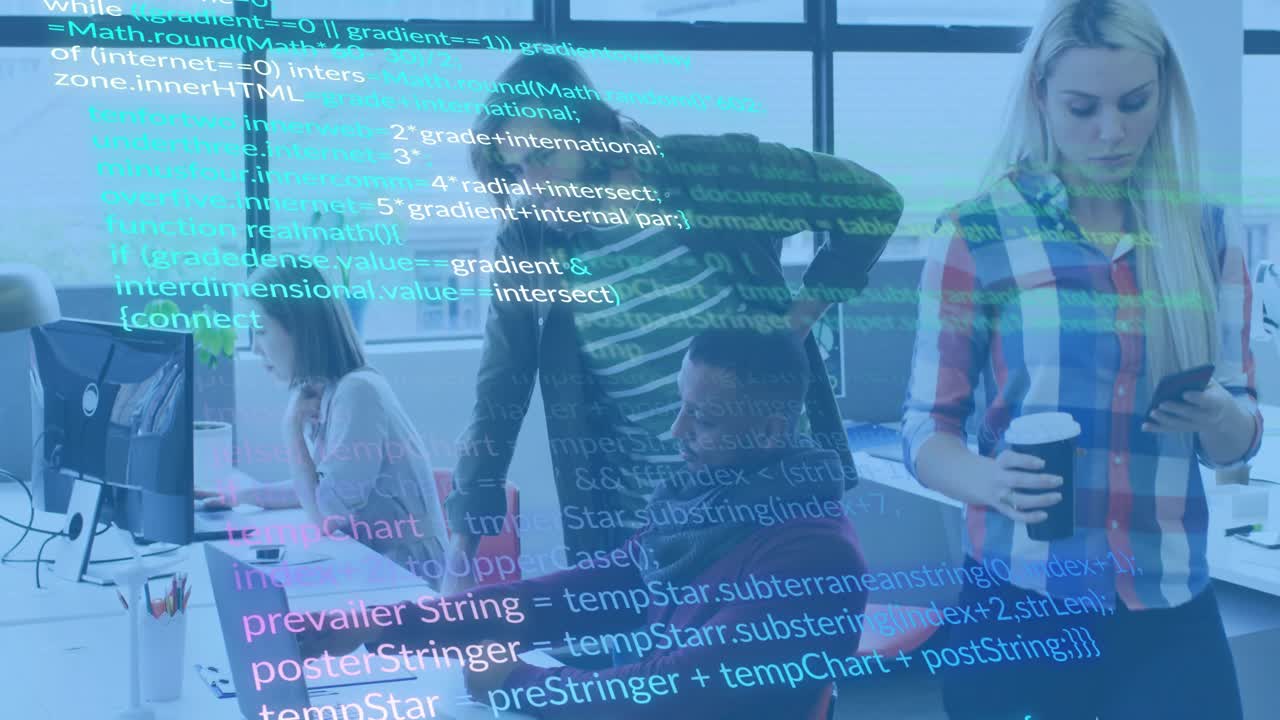 Laptop user pointing at code, coworker leaning as digital overlay intensifying for software review