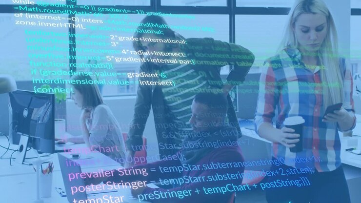 Laptop user pointing at code, coworker leaning as digital overlay intensifying for software review