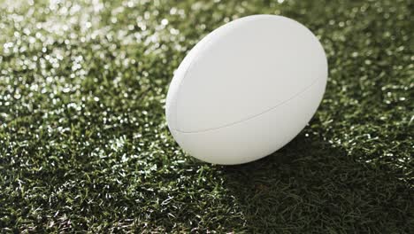 white rugby ball on sunlit grass with copy space, slow motion