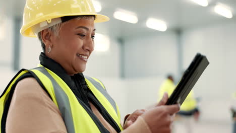 Engineering-woman,-laugh-and-tablet