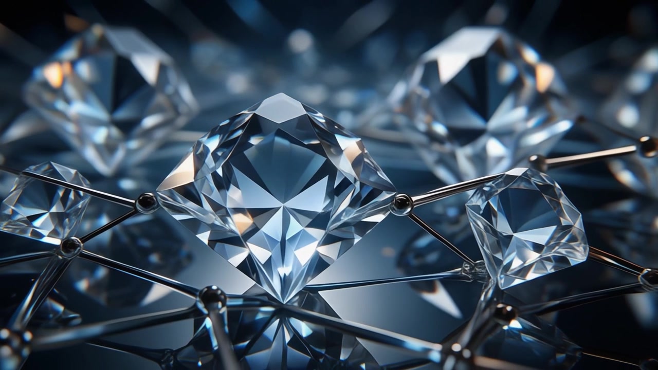 Diamanti scintillanti collegati da una struttura a rete metallica.