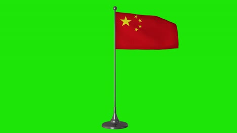 pequeña bandera china revoloteando en un asta de bandera. fondo de pantalla verde, 4k