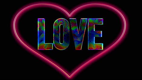 colorful love font word inside of a red heart shape on black surface background