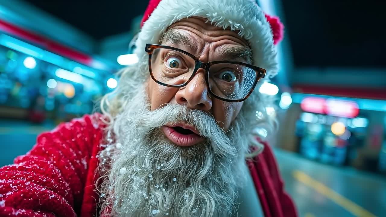 A man dressed as Santa Claus taking a selfie in a shopping mall