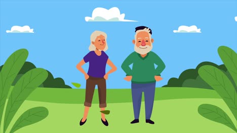 pareja de personas mayores en la escena del campo personajes de animación