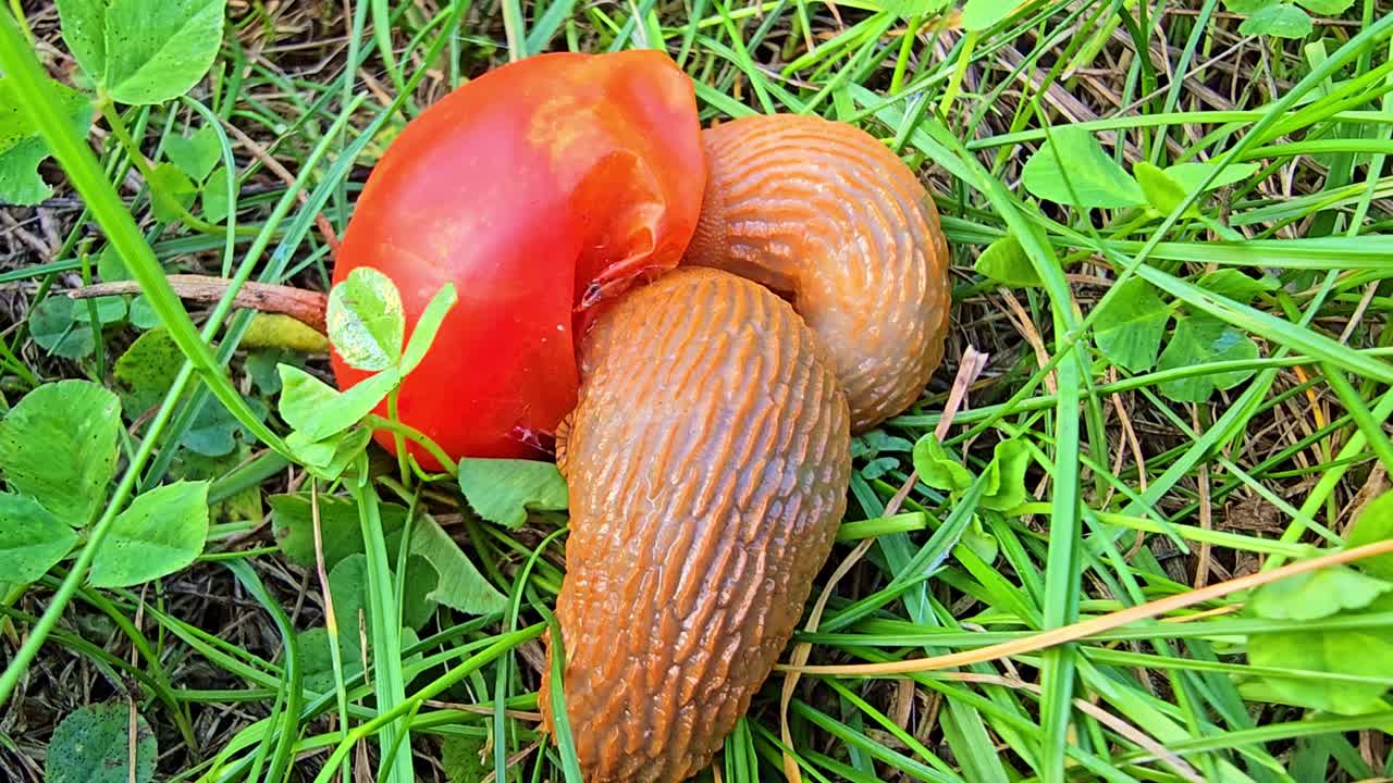 Macro shot of two orange slugs feeding on a red tomato lying on green grass