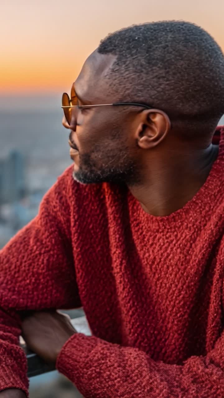 A Thoughtful Man Enjoys a Beautiful Sunset with Yellow Sunglasses, Capturing the Calm and Reflective Mood of the Evening in a Scenic Urban Setting