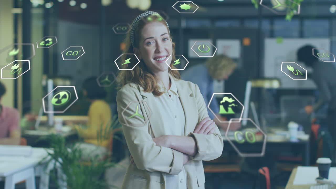 animación de iconos de la ecología sobre diversas personas de negocios en la oficina