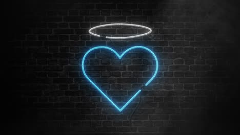 señal de corazón de ángel de neón con halo santo y efecto de humo o niebla en el fondo de la pared de ladrillo. bandera de silueta de corazón azul con luz intermitente. concepto de feliz día de san valentín y amor. animación 4k