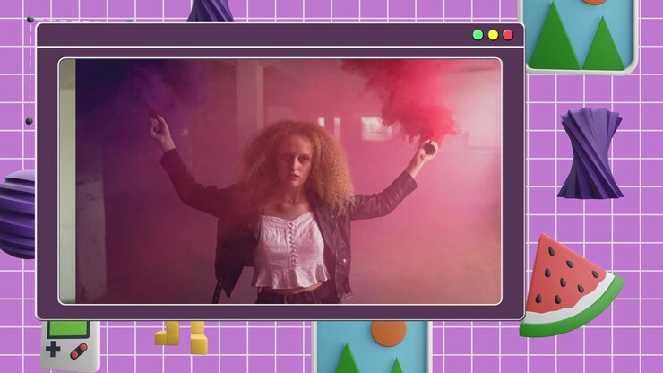 Gráficos en movimiento dinámicos con ventanas de ordenador retro y videoclips