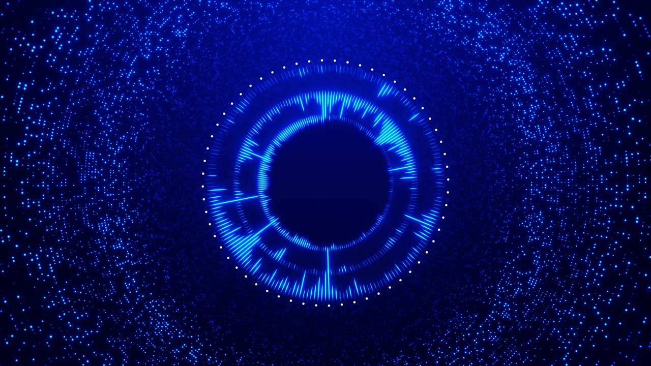 Digital music spectrum ring background with blue circular waveform particle halo and futuristic